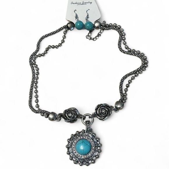 Source Unknown Jewelry - NWT Rose & Turquoise Silver-Tone Necklace with Matching Earrings — NWT, ~9″